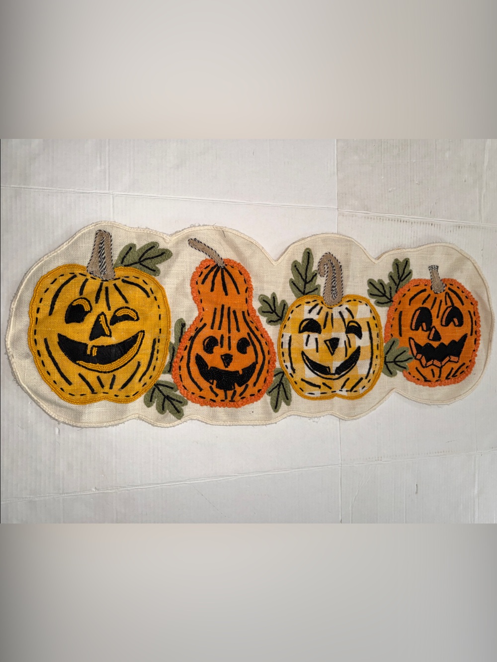Halloween Pumpkins Embroidered Table Runner - Orange & Yellow Jack-O'-Lanterns